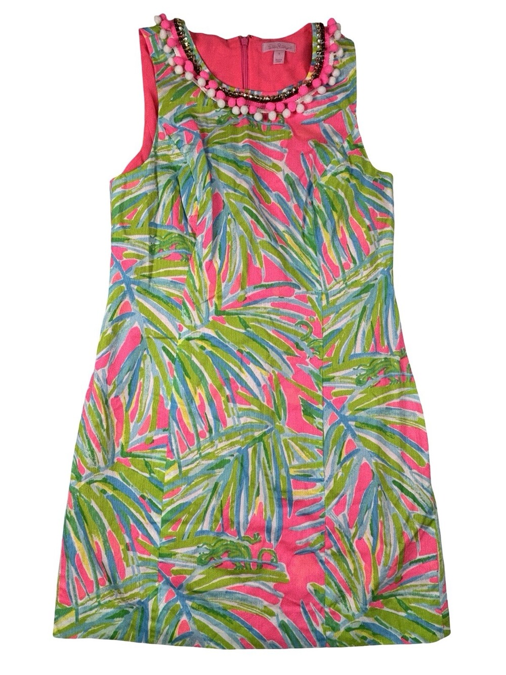 NWOT Lilly Pulitzer Mila Shift Dress Tiki Pink Royal Lime Pom Pom Sequins Size 6 - Picture 2 of 14